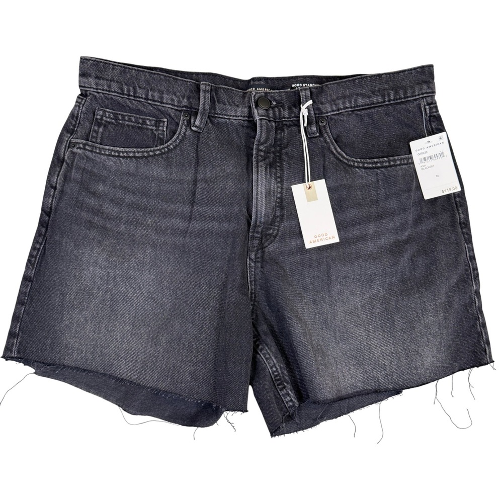 NWT Good American Good Standard Long Short Black Mid Rise Relaxed Shorts 12